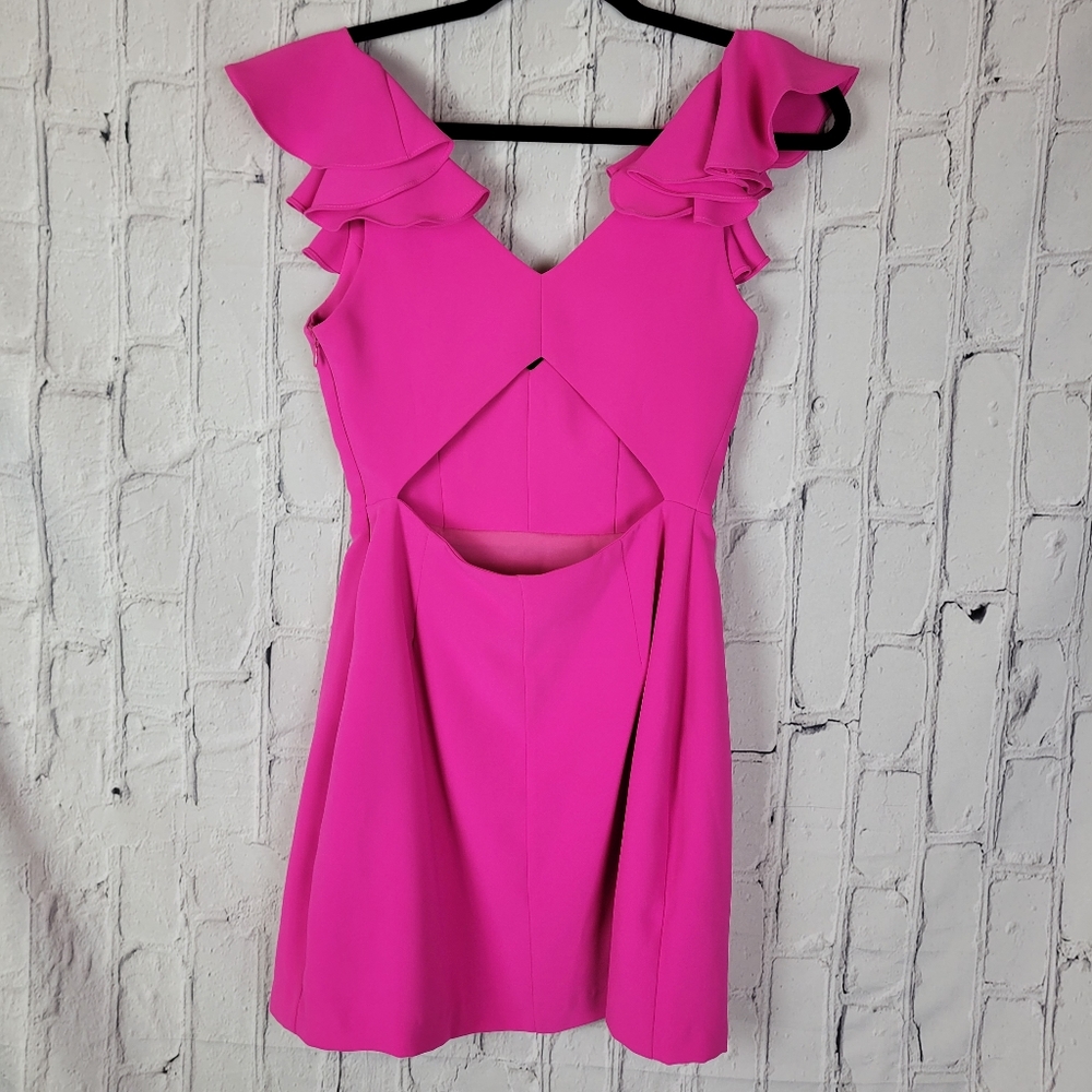 Amanda Uprichard barbie hot pink Gimlet ruffle sleeve cut out back mini dress - Picture 5 of 13